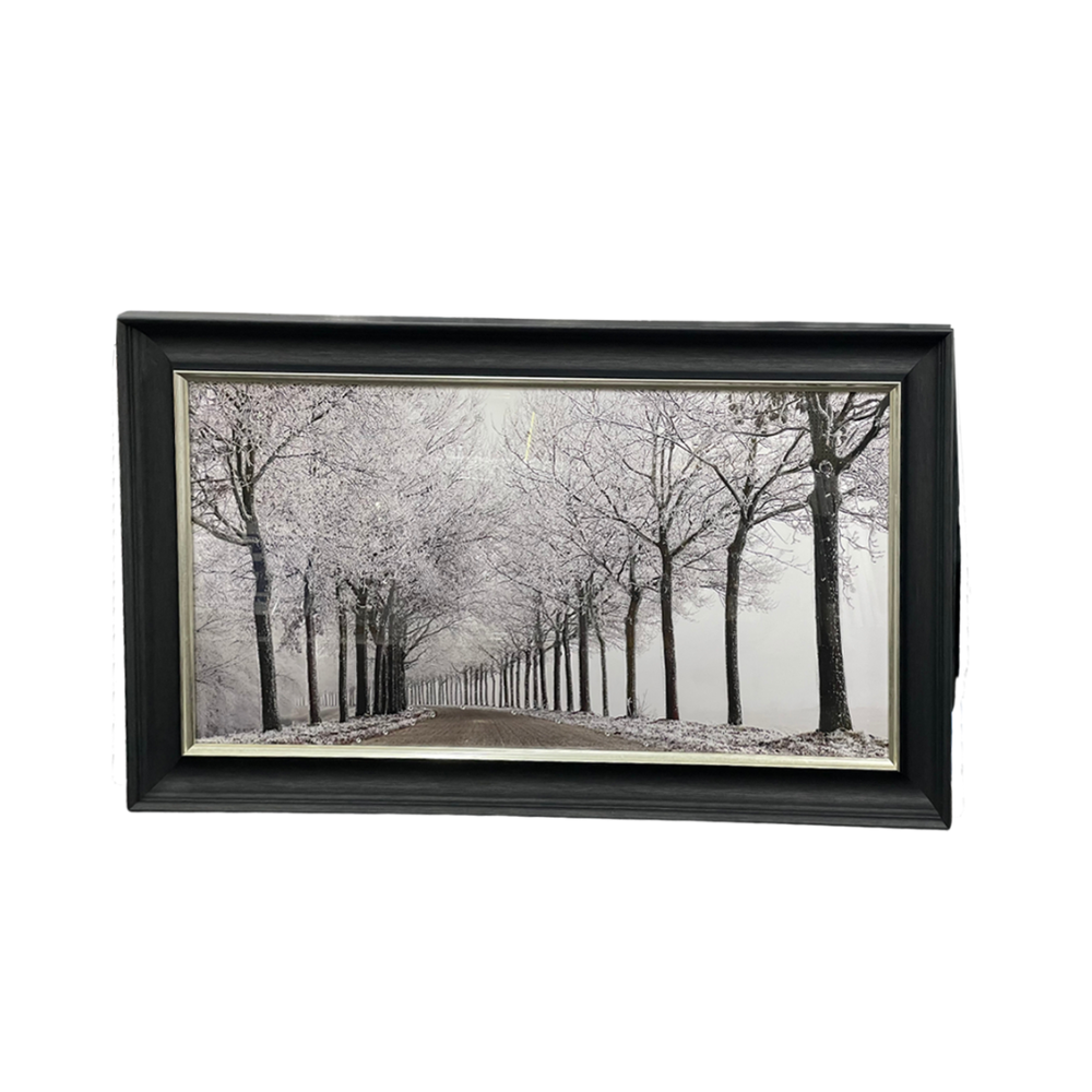 White Winter Woods Tree Avenue Art with Crystals & black alpha frame