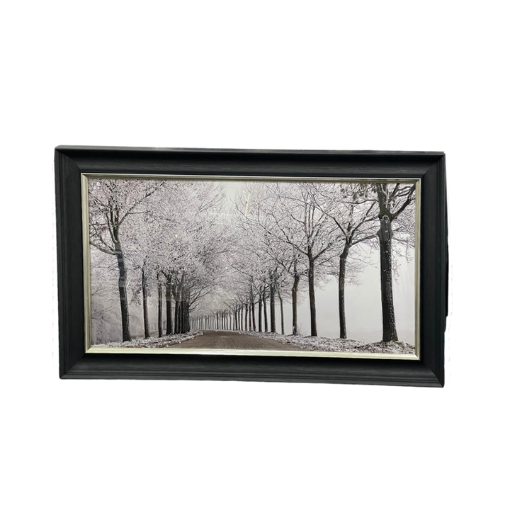 White Winter Woods Tree Avenue Art with Crystals & black alpha frame