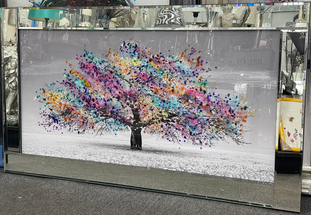 Multicoloured Blossomed Tree Wall Art with Mirror Frame