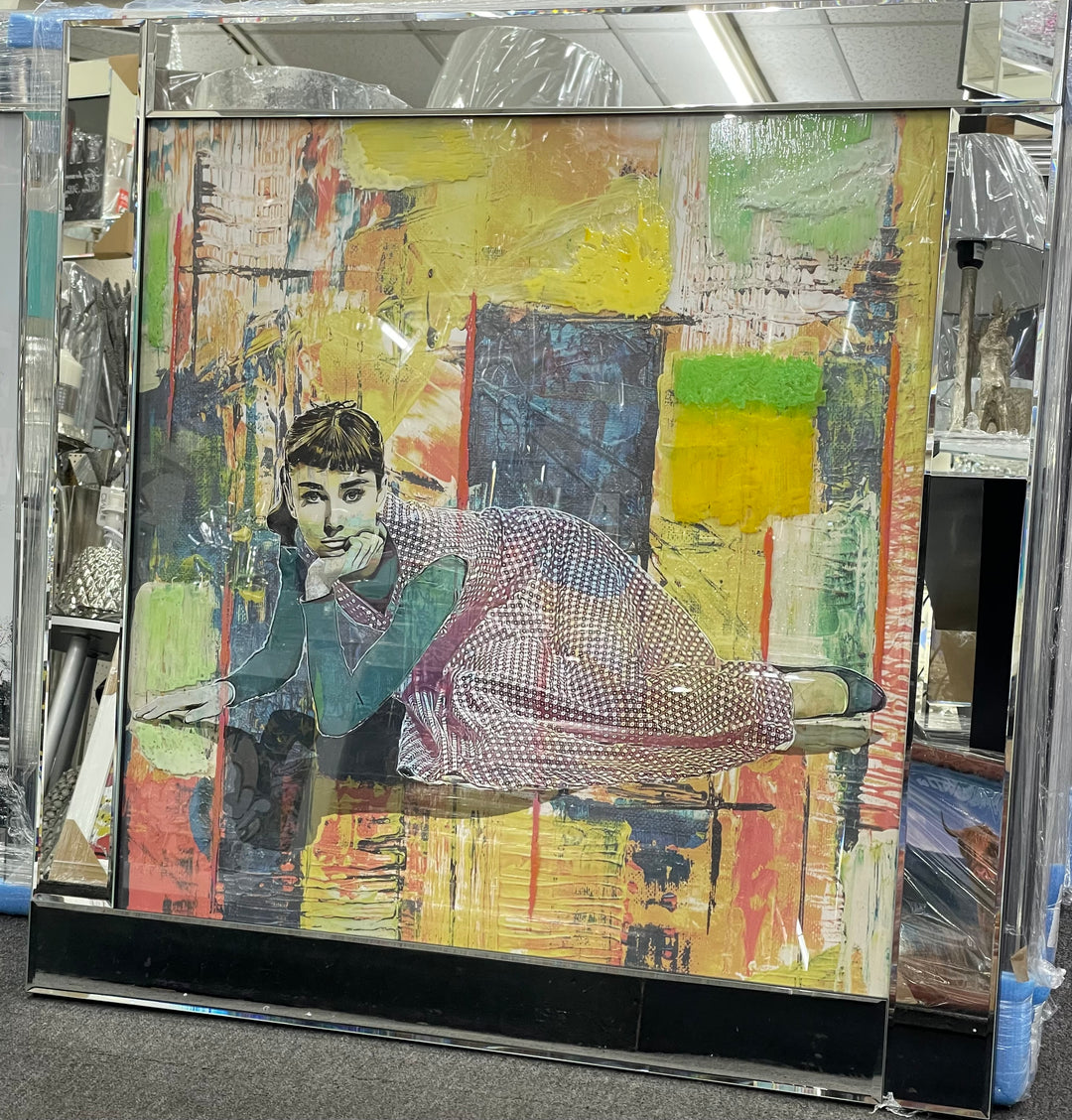 Audrey Hepburn Sitting on Floor Coloured Picture with Liquid Art