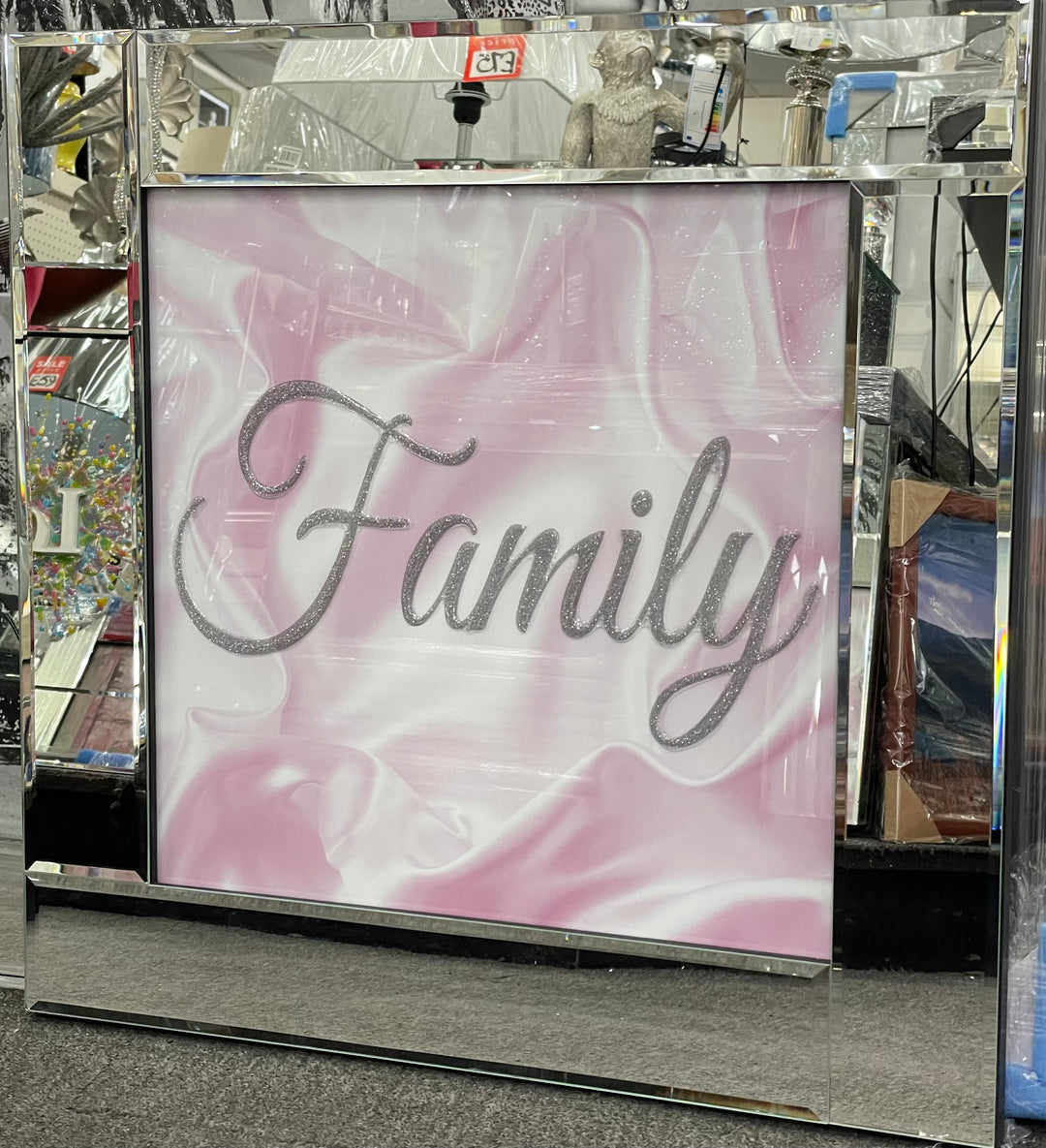 Square-White & Pink "FAMILY Wall Art with Mirror Frame