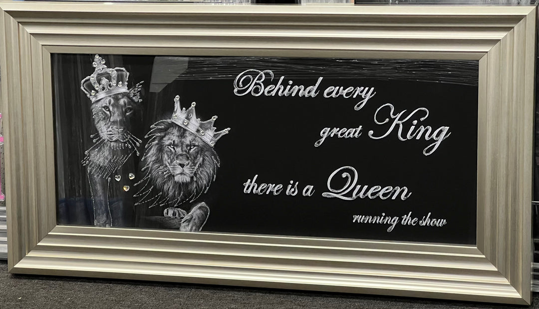 Royal Lion King and Queen with Silver Crowns and Champagne Frame