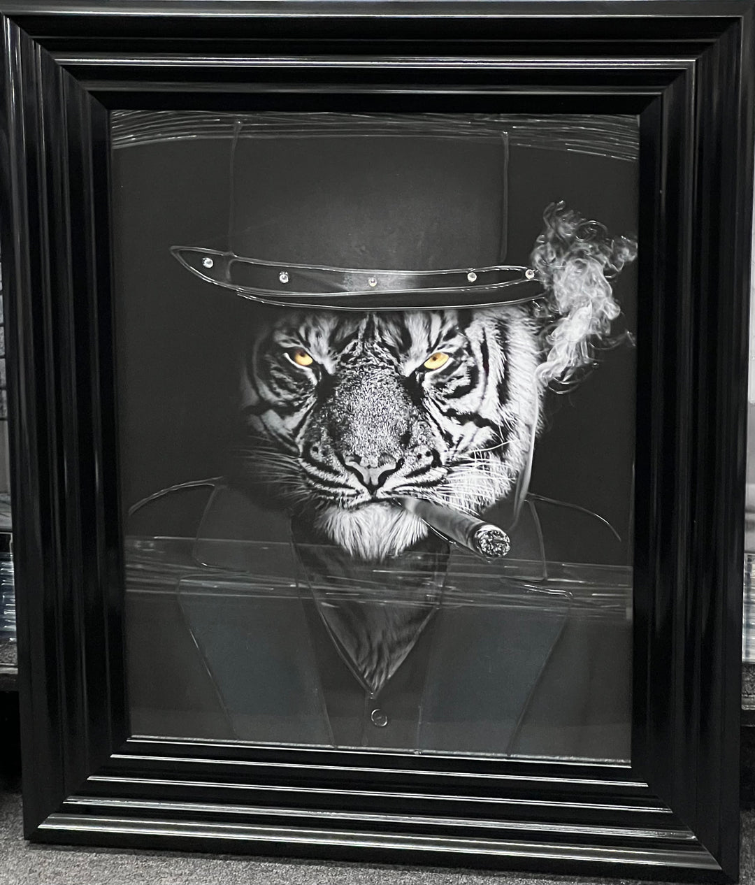 Gangster Tiger Smoking Wall Art in Black Frame