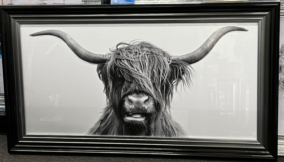 Black & White Highland Cow Liquid Art Picture with Two-Tone Frame