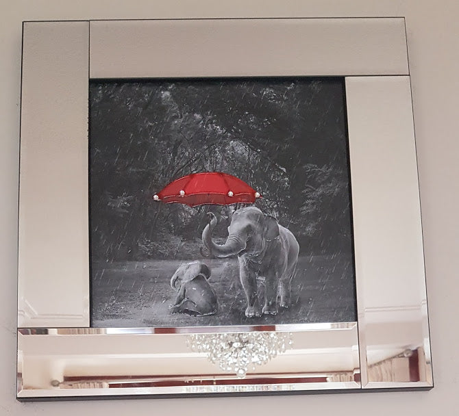 Elephant & Baby with Red Umbrella - Liquid Art