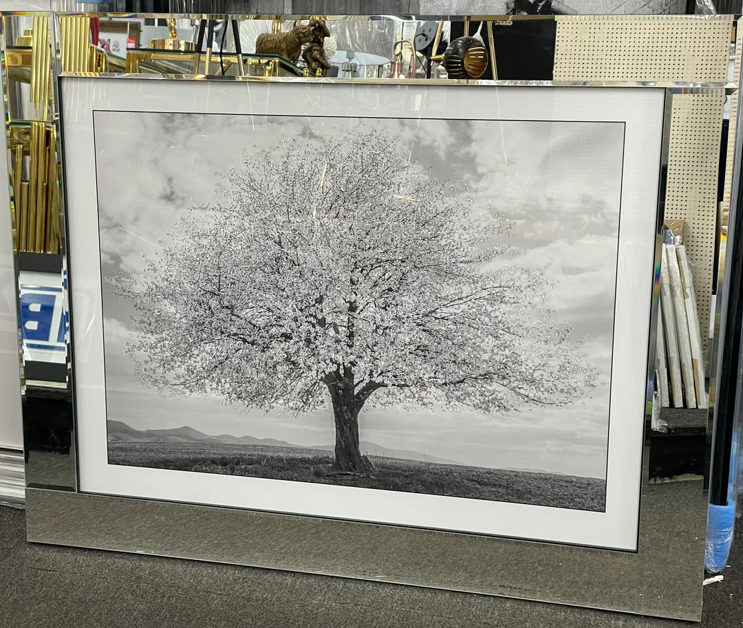 White Leaves Tree Wall Art with Mirror Frame