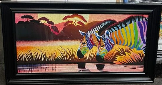 Vibrant Zebras Drinking Water Liquid Art with Black Alpha Frame