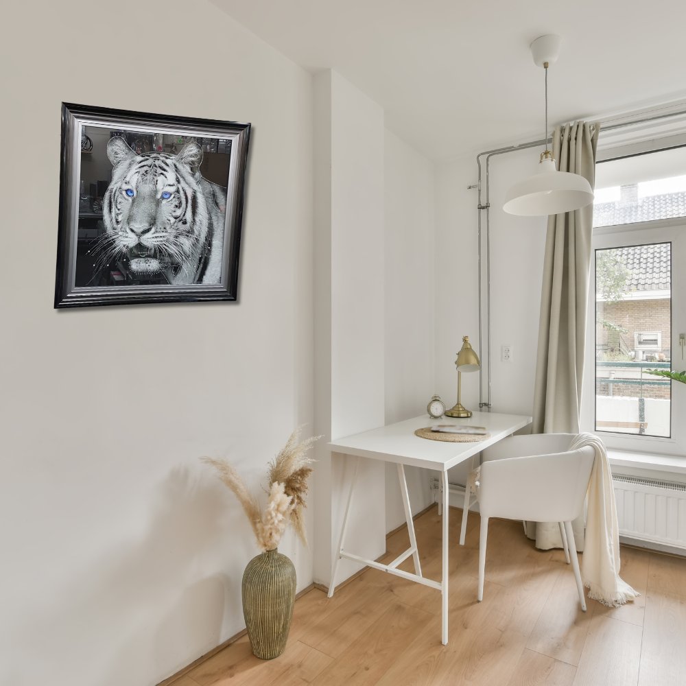 Blue-Eyed Tiger Liquid Art in Mirrored Frame