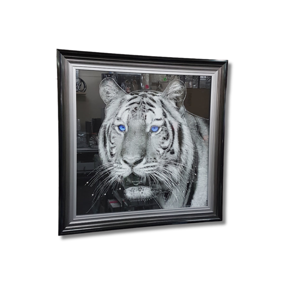 Blue-Eyed Tiger Liquid Art in Mirrored Frame