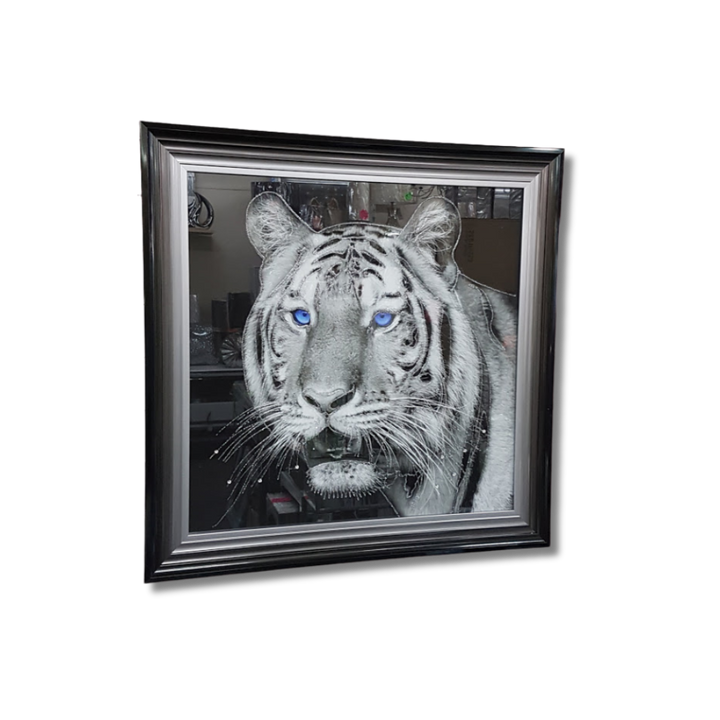 Blue-Eyed Tiger Liquid Art in Mirrored Frame