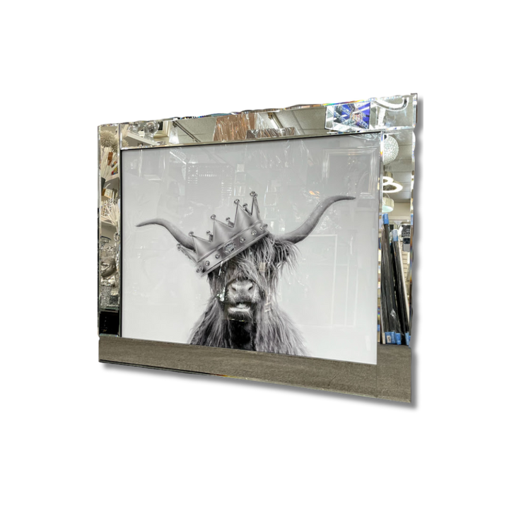 Crowned Highland Cow Majesty in Mirror Frame