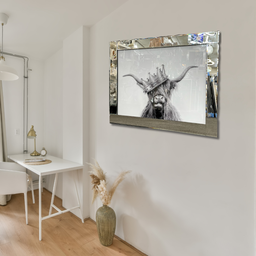 Crowned Highland Cow Majesty in Mirror Frame
