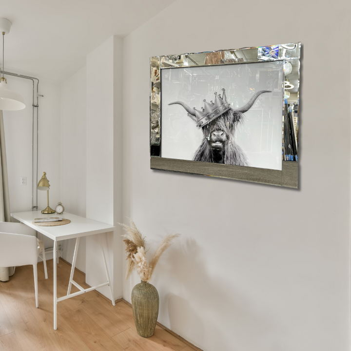Crowned Highland Cow Majesty in Mirror Frame