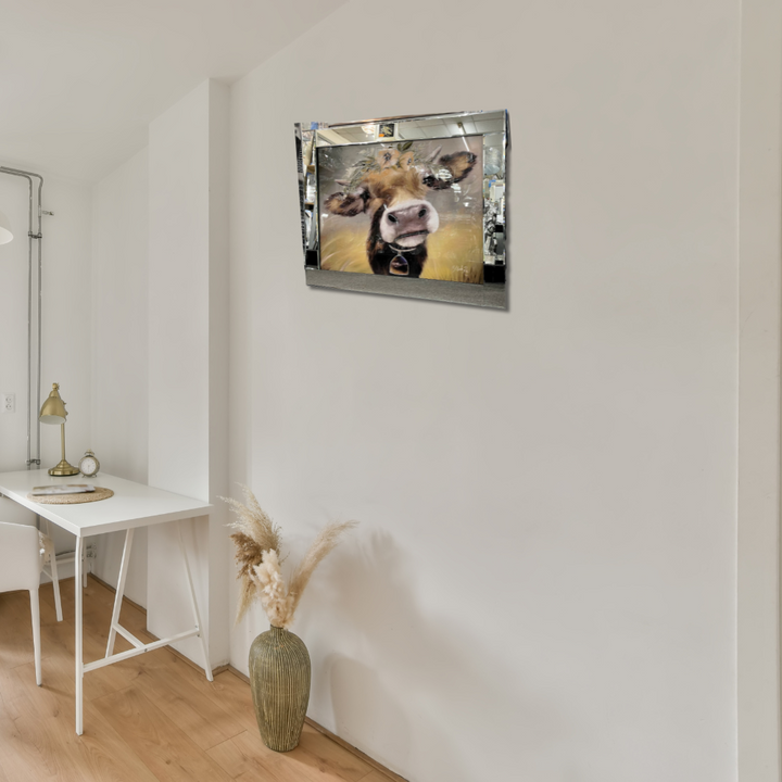 Cowbell and Flower adorned Cow in Mirrored Frame