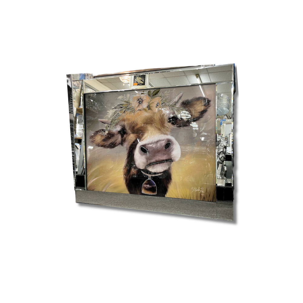Cowbell and Flower adorned Cow in Mirrored Frame