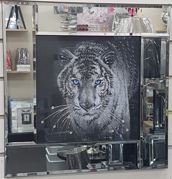 Tiger Blue Eyes Wall Art with Mirror Frame