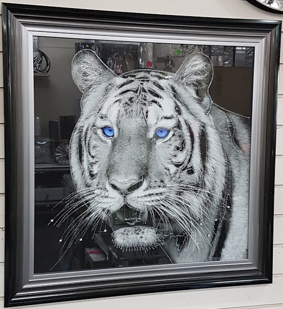 Majestic Tiger Blue Eyes Wall Art Liquid Art Crystals 2 Tone Black Silver frame