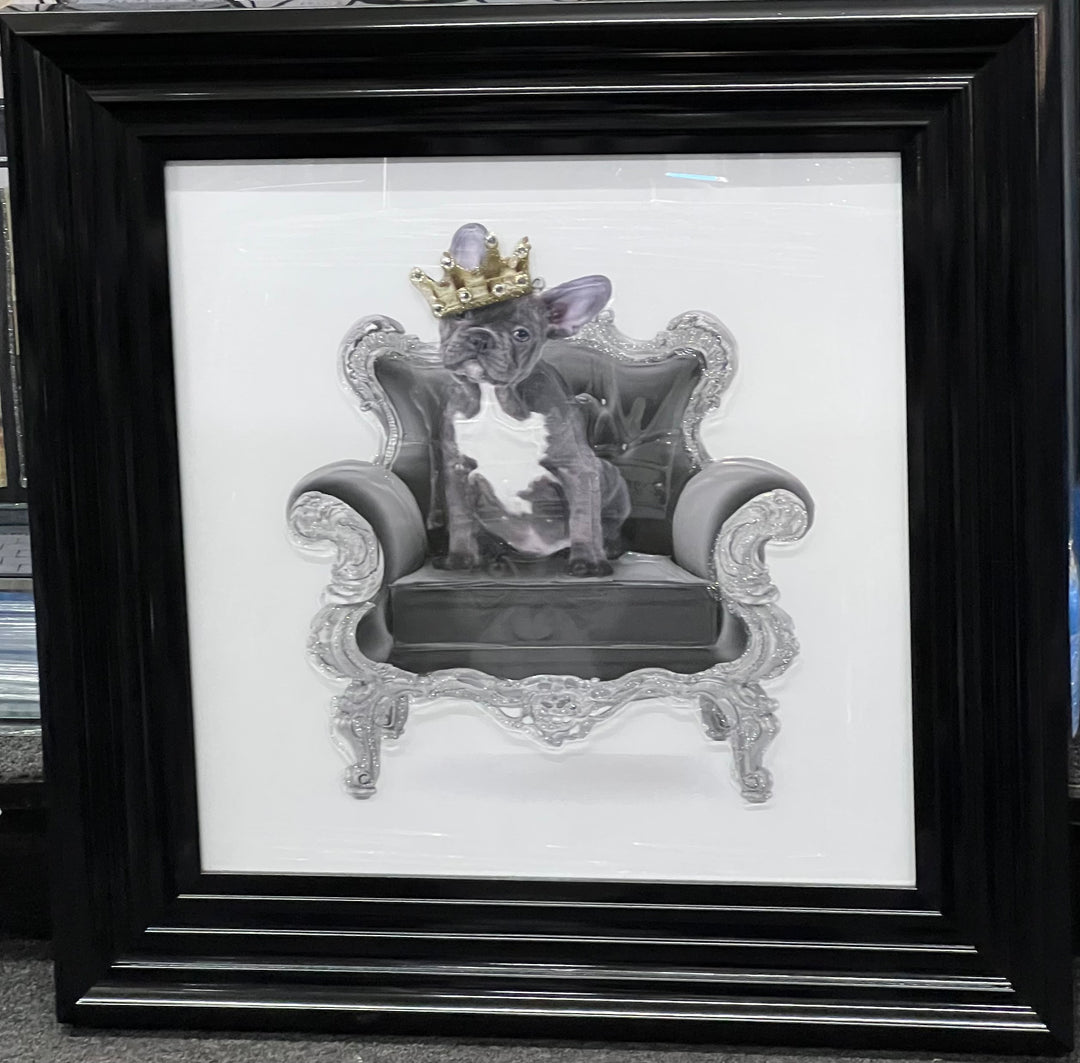 French Bulldog with Gold Crown on Victorian Chair - Black Step Frame
