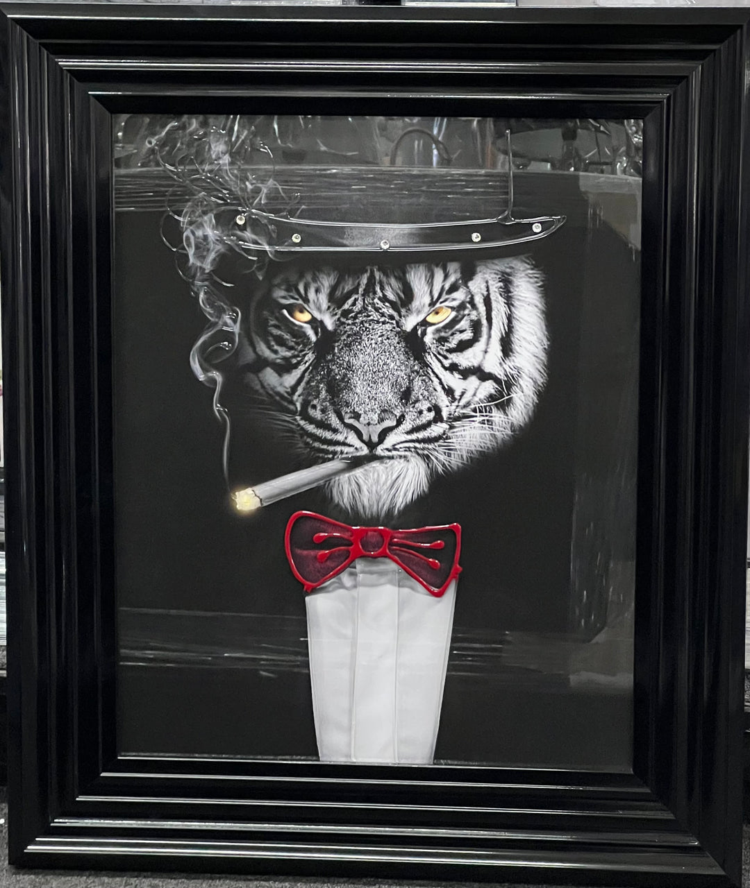 Gangster Tiger Smoking with Red Bow in Black Frame wall art