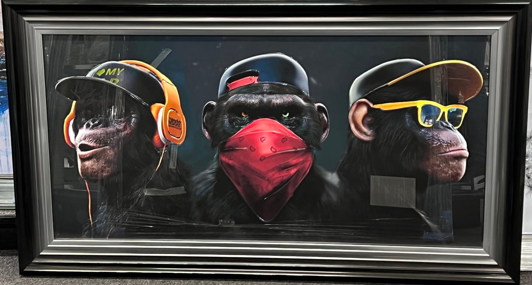 Funky 3 Wise Monkeys two-tone frame Picture with liquid art