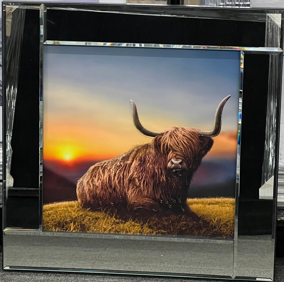 Highland Cow Sunrise Liquid Art Picture with Mirror Frame