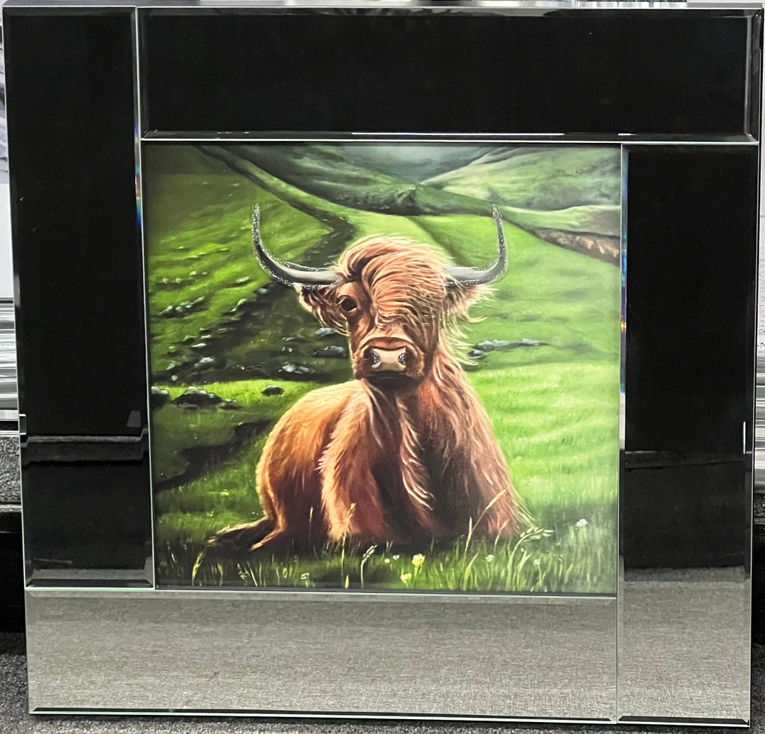 Highland Cow Green Landscape Liquid Art Picture