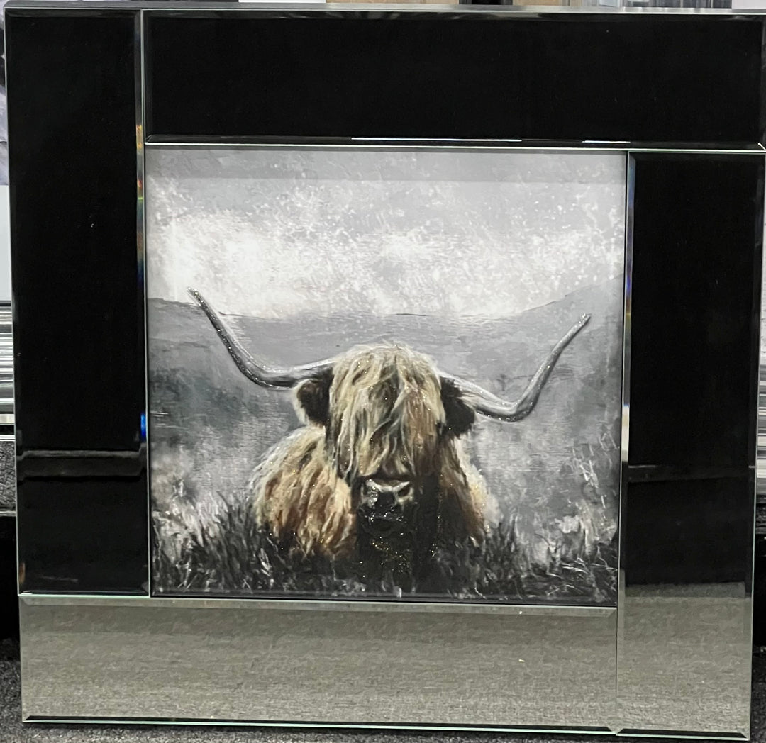 Highland Cow Painting Effect Liquid Art Picture with Mirror Frame