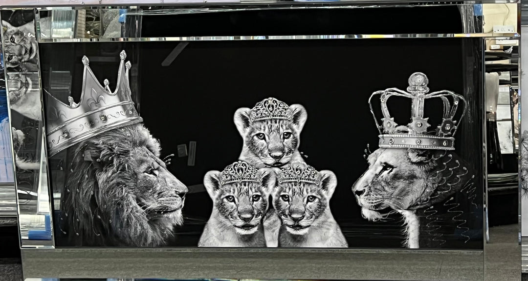 Lion Family with Silver Crowns Liquid Art Picture with Mirror Frame