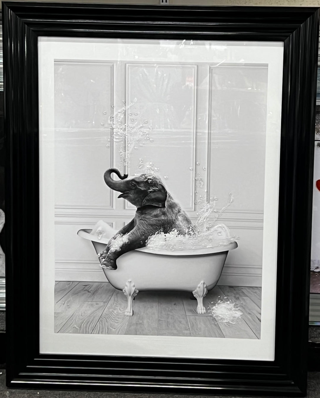 Elephant Sitting in Bathtub Liquid Art & Black Step Frame