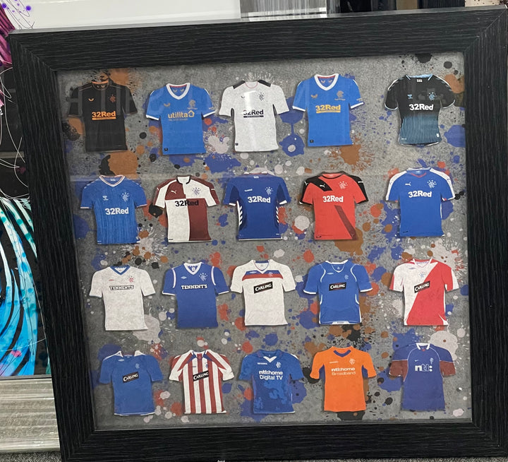 Rangers FC Team Shirts Wall Art with black Frame