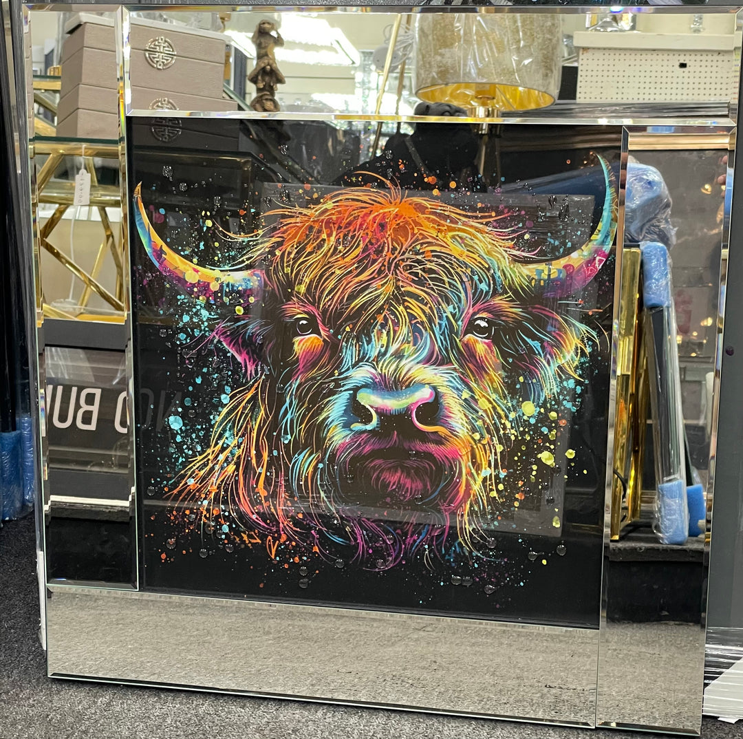 Highland Cow Multicoloured Wall Art with Mirror Frame