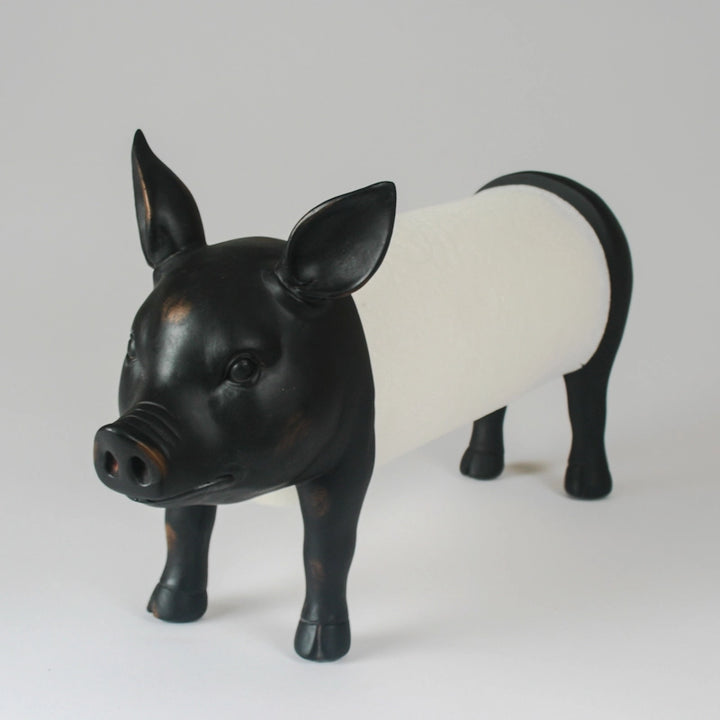 Pig Kitchen Roll Holder Black Wood & Resin Kitchen Decorative Accessory