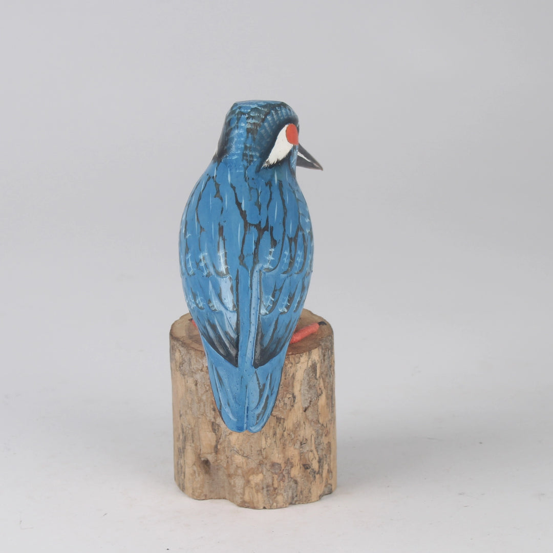Hand-Carved & Hand-Painted Blue & Orange Kingfisher on Wooden Stump Decorative Figure