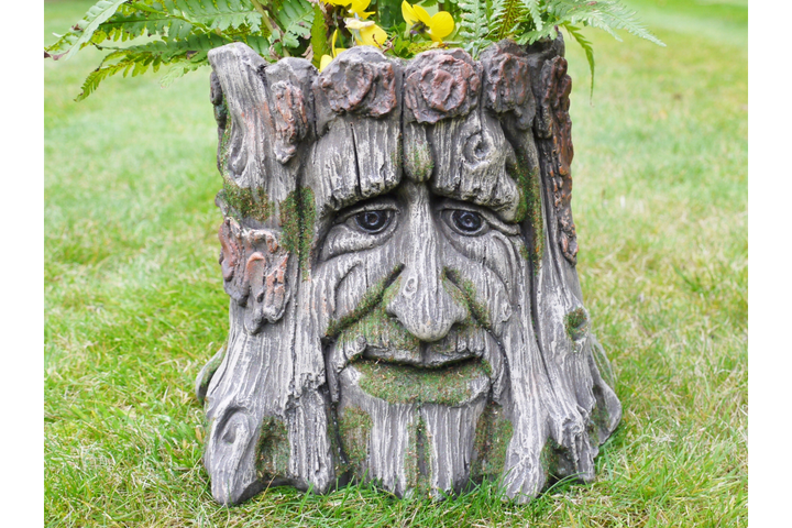 Tree Stump Planter Garden Ornament – Green Man Face Resin Plant Pot | Outdoor Patio Tree Log Flower Planter Decor