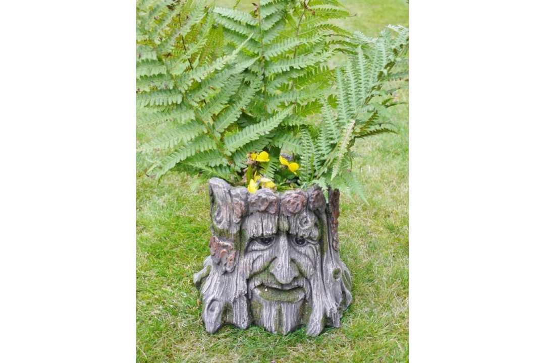 Tree Stump Planter Garden Ornament – Green Man Face Resin Plant Pot | Outdoor Patio Tree Log Flower Planter Decor