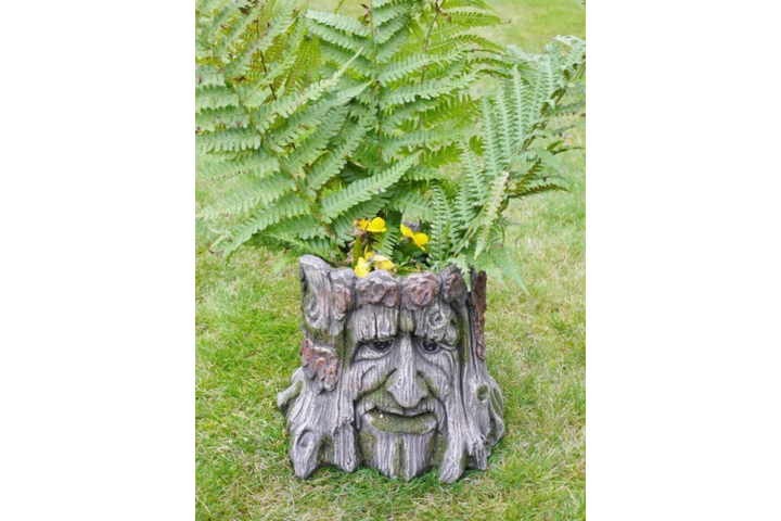Tree Stump Planter Garden Ornament – Green Man Face Resin Plant Pot | Outdoor Patio Tree Log Flower Planter Decor
