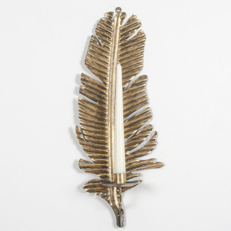 Gold Palm Leaf Wall Hanging – Antique Brass Taper Candle Holder Decorative Sconce