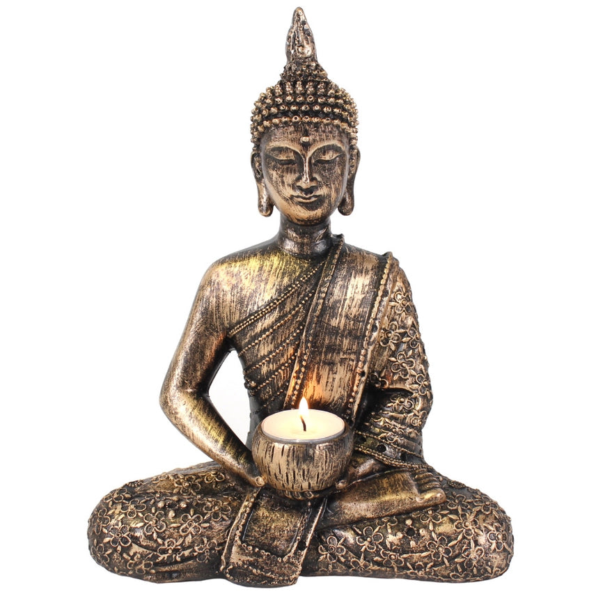 Sitting Gold Thai Buddha Tealight Candle Holder Resin Statue Meditation Home Decor Ornament Spiritual Zen Gift