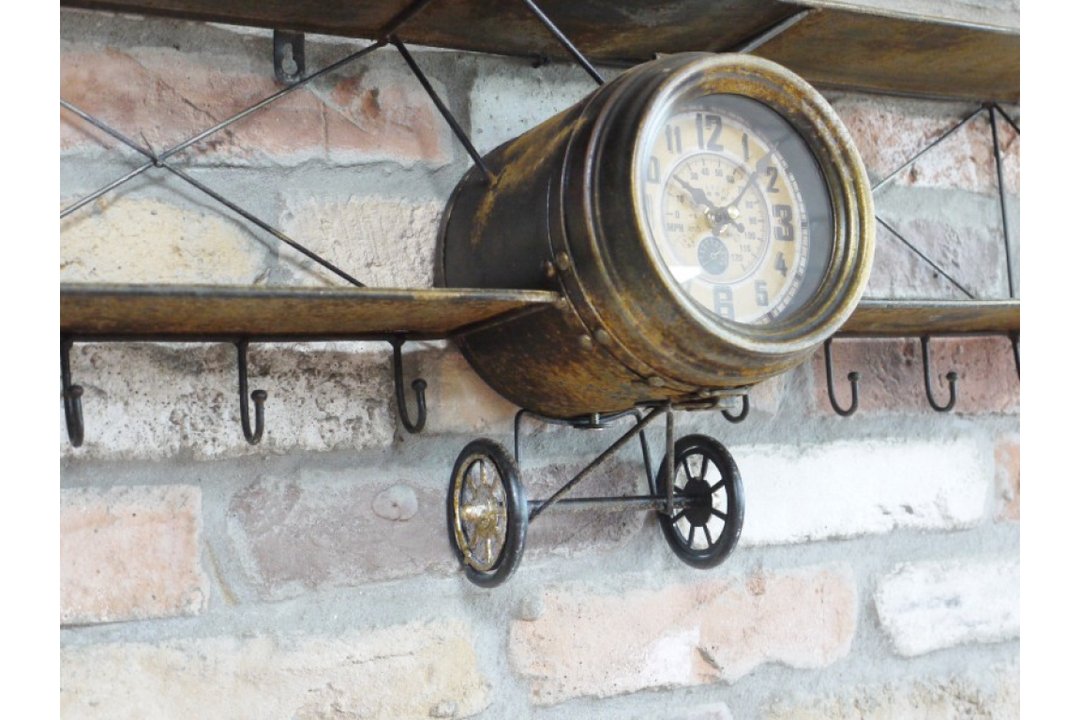 Aeroplane Wall Clock and Coat Hook Hanger Rustic Metal Finish Aviation Décor