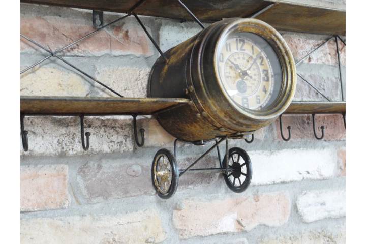 Aeroplane Wall Clock and Coat Hook Hanger Rustic Metal Finish Aviation Décor