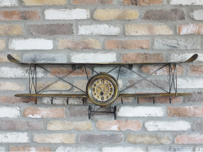 Aeroplane Wall Clock and Coat Hook Hanger Rustic Metal Finish Aviation Décor