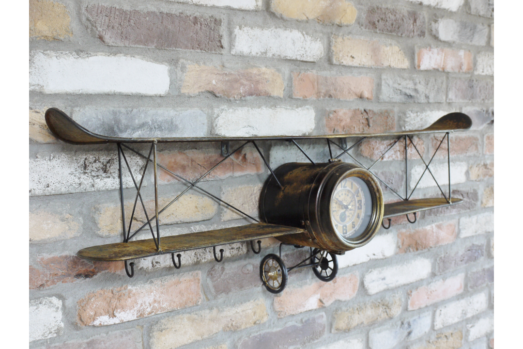 Aeroplane Wall Clock and Coat Hook Hanger Rustic Metal Finish Aviation Décor