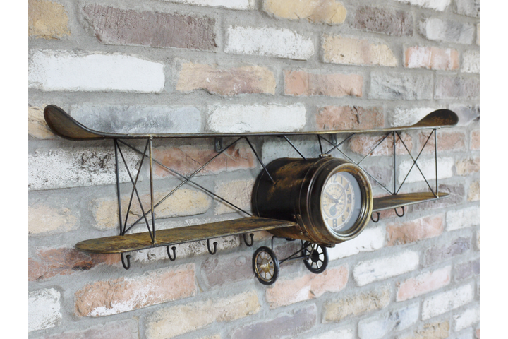 Aeroplane Wall Clock and Coat Hook Hanger Rustic Metal Finish Aviation Décor