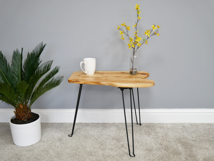 Wooden Top Side Table with Iron Base & Foldable Legs Accent compact Table