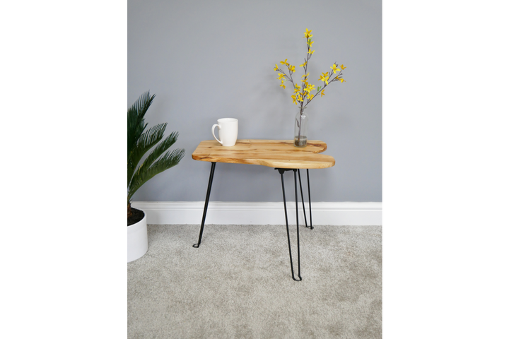 Wooden Top Side Table with Iron Base & Foldable Legs Accent compact Table