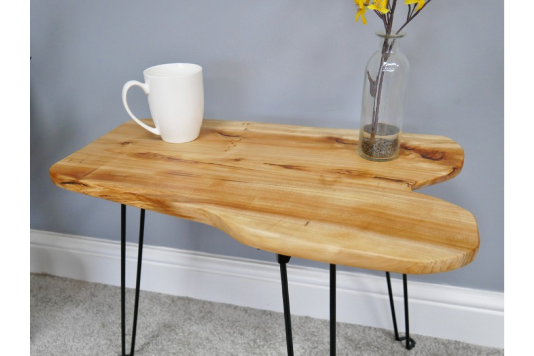 Wooden Top Side Table with Iron Base & Foldable Legs Accent compact Table