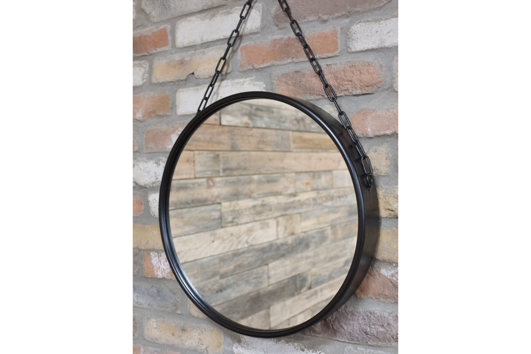Black Round Hanging Metal Mirror with Chain – Decorative Wall Mirror for Home & Office