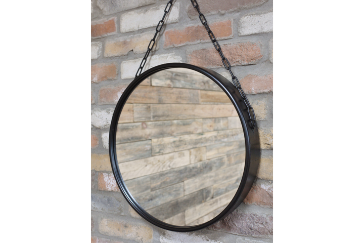 Black Round Hanging Metal Mirror with Chain – Decorative Wall Mirror for Home & Office