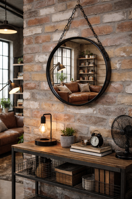 Black Round Hanging Metal Mirror with Chain – Decorative Wall Mirror for Home & Office