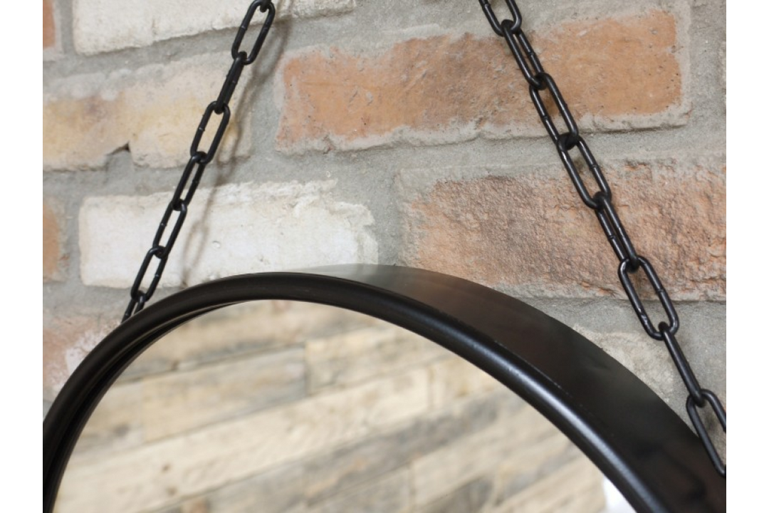 Black Round Hanging Metal Mirror with Chain – Decorative Wall Mirror for Home & Office